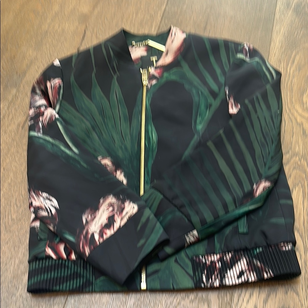 Floral Bomber Jacket with Green and Pink Accents